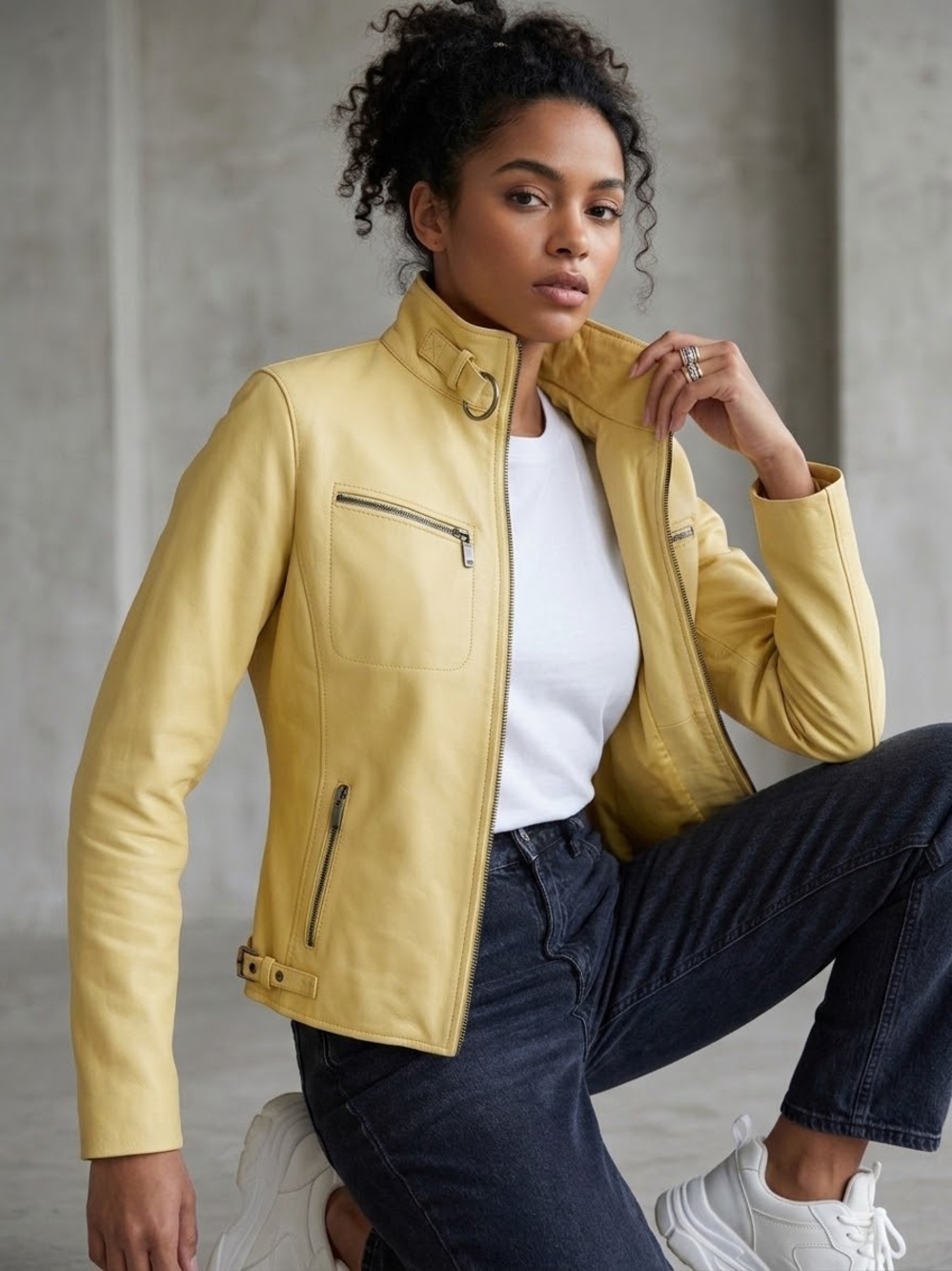 Pale Yellow Moto Biker Jacket  Size M